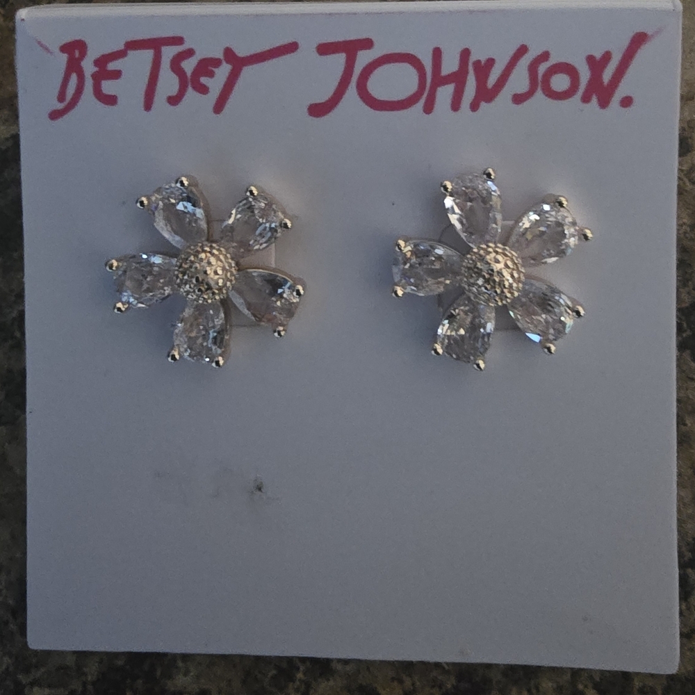 Betsey Johnson Silver Crystal Flower Earrings